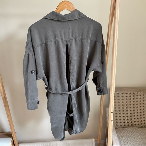 Longline Flowy Tie Front Trench Coat in Army Green - S - Picture 3 of 3